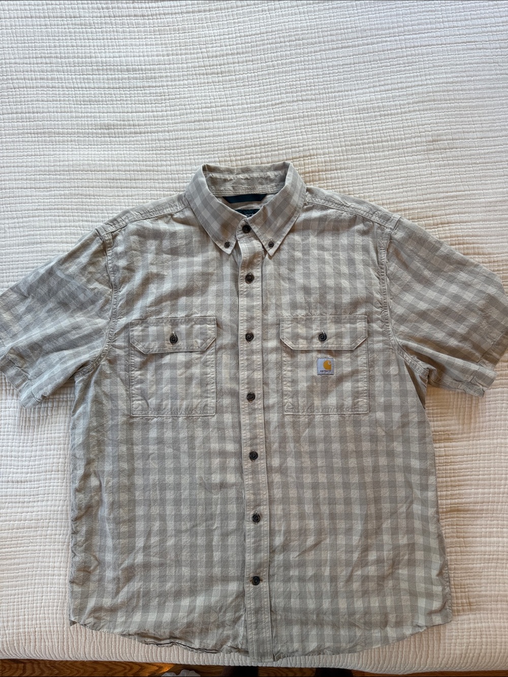 Carhartt Men’s Short-Sleeve Button-Down Plaid Shirt in Light Gray